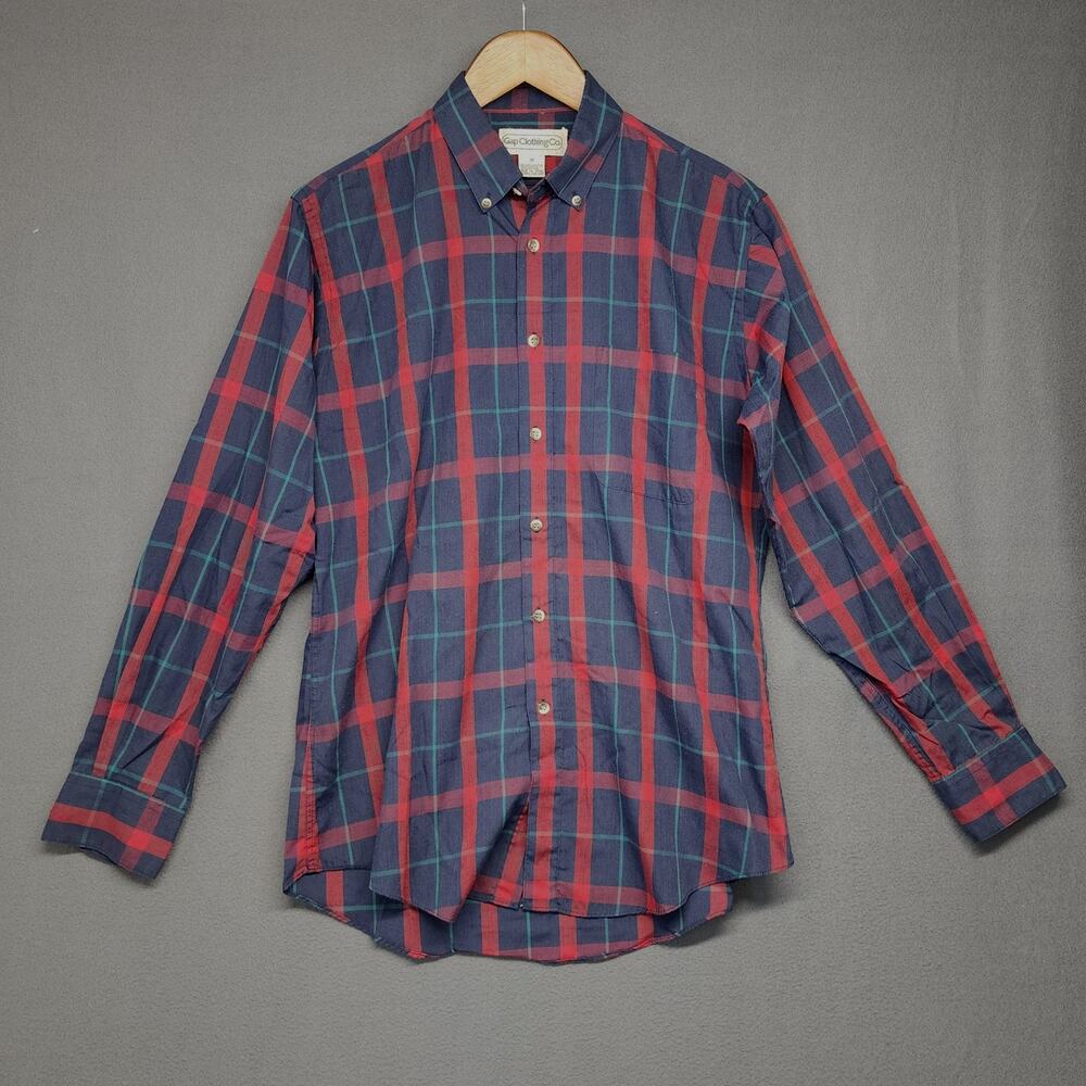 Vintage Gap Clothing Co Shirt Men Medium Blue Red Plaid Long Sleeve Button Up